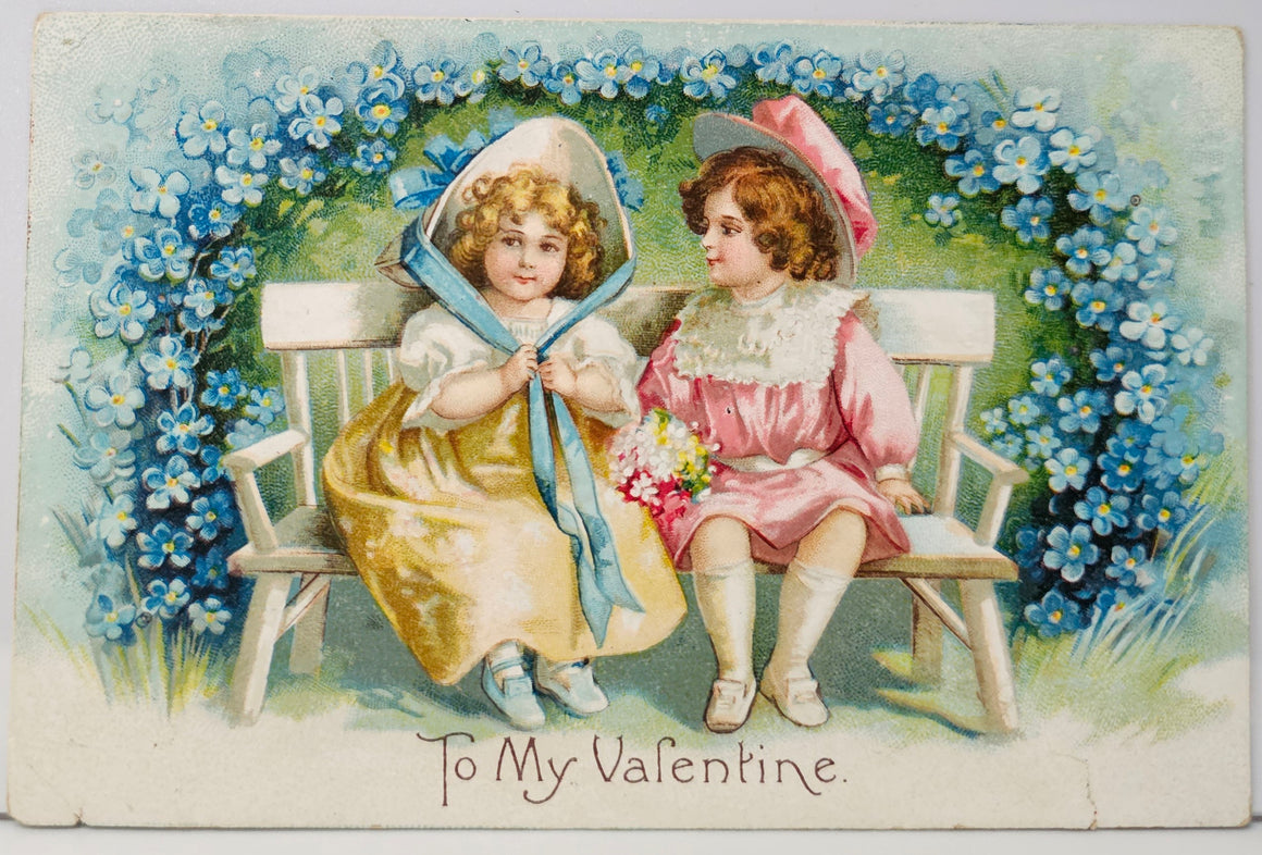 Valentine Postcard Children on Bench With Flowers Artist Ellen Clapsaddle IAP Publishing