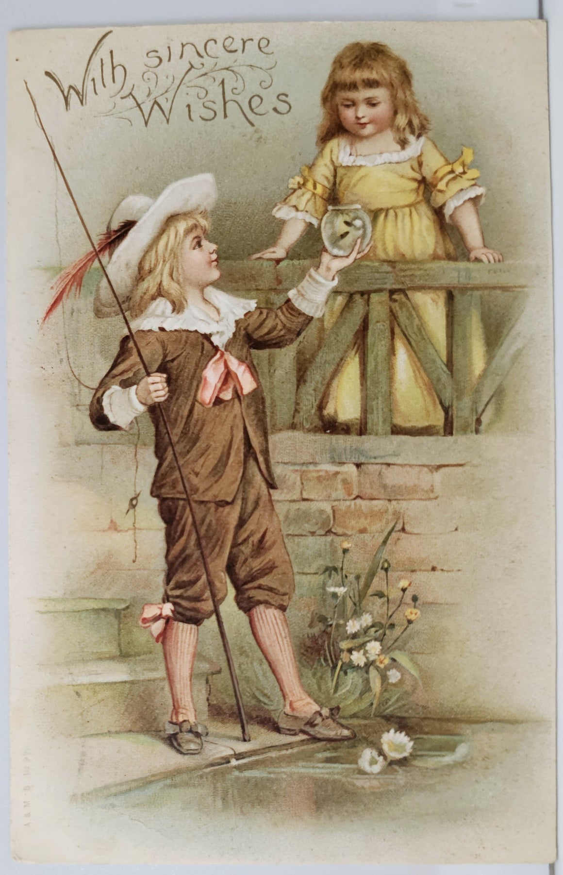 Valentine Postcard Little Boy Dressed Like Romeo Holding Fishing Pole Offering Minnows To Little Juliet Early Undivided Germany