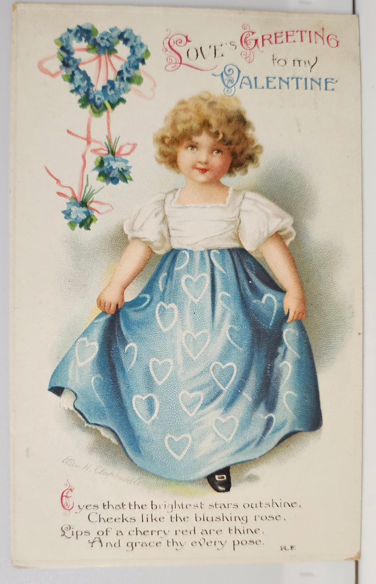 Valentine Postcard Series 1909 Little Girl Dancing in Blue Dress Ellen Clapsaddle IAP Publishing