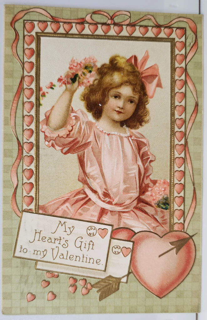 Valentine Postcard Little Girl Dressed in Pink Holding Flowers Printed in Germany