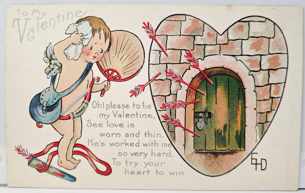 Valentine Postcard Artist Ethel Dewees Cupid Working Hard Trying To Break Door with Arrows