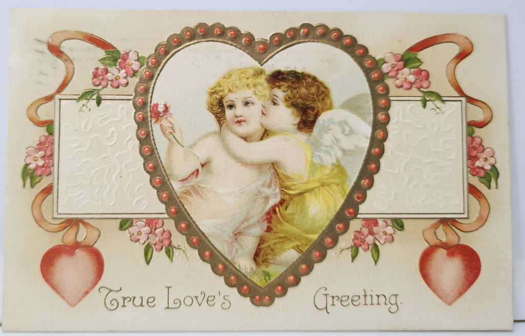 Valentine Postcard Cupid Cherubs Embracing in Gold Embossed Heart Printed in Germany