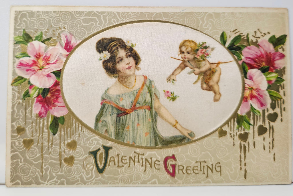 Valentine Postcard Art Nouveau Artist John Schmucker Winsch Publishing Woman with Cupid Silk Center Gold Embossed