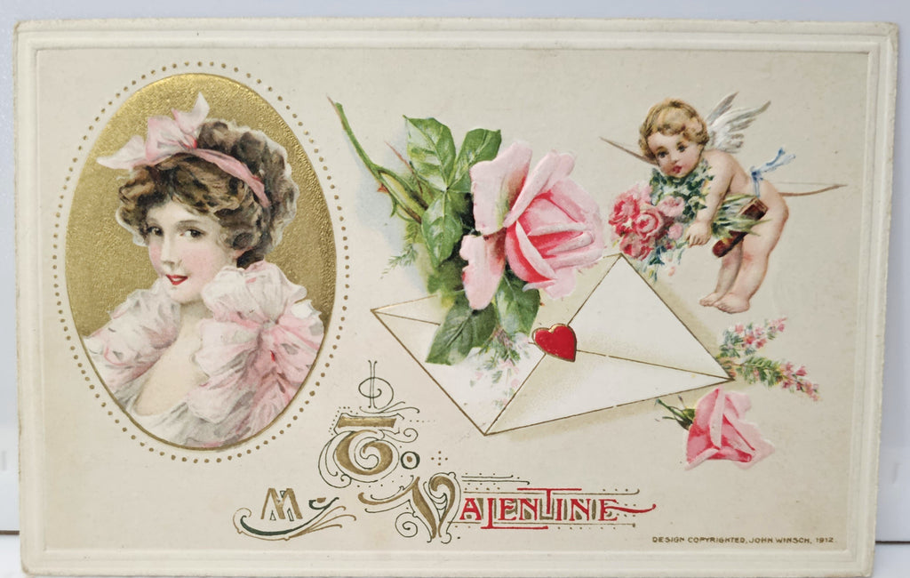 Valentine Postcard Art Nouveau Artist John Schmucker Winsch Publishing Woman with Cupid Bringing Note & Roses Gold Embossed