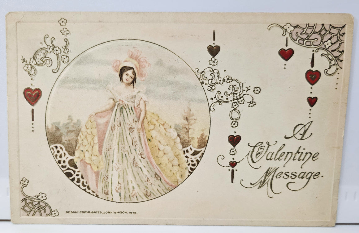 Valentine Postcard Art Nouveau Artist John Schmucker Winsch Publishing Woman in Garden Gold Red Embossed Hearts
