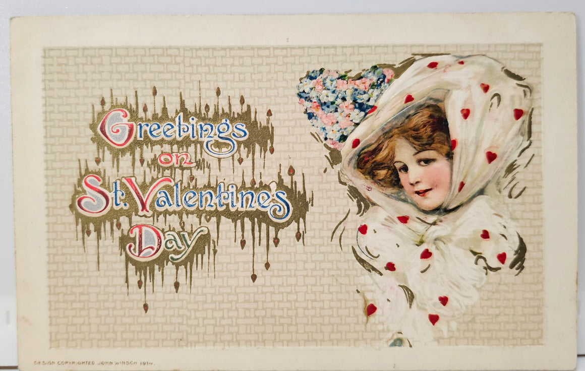 Valentine Postcard Art Nouveau Artist John Schmucker Winsch Publishing Woman with Red Hearts Hat