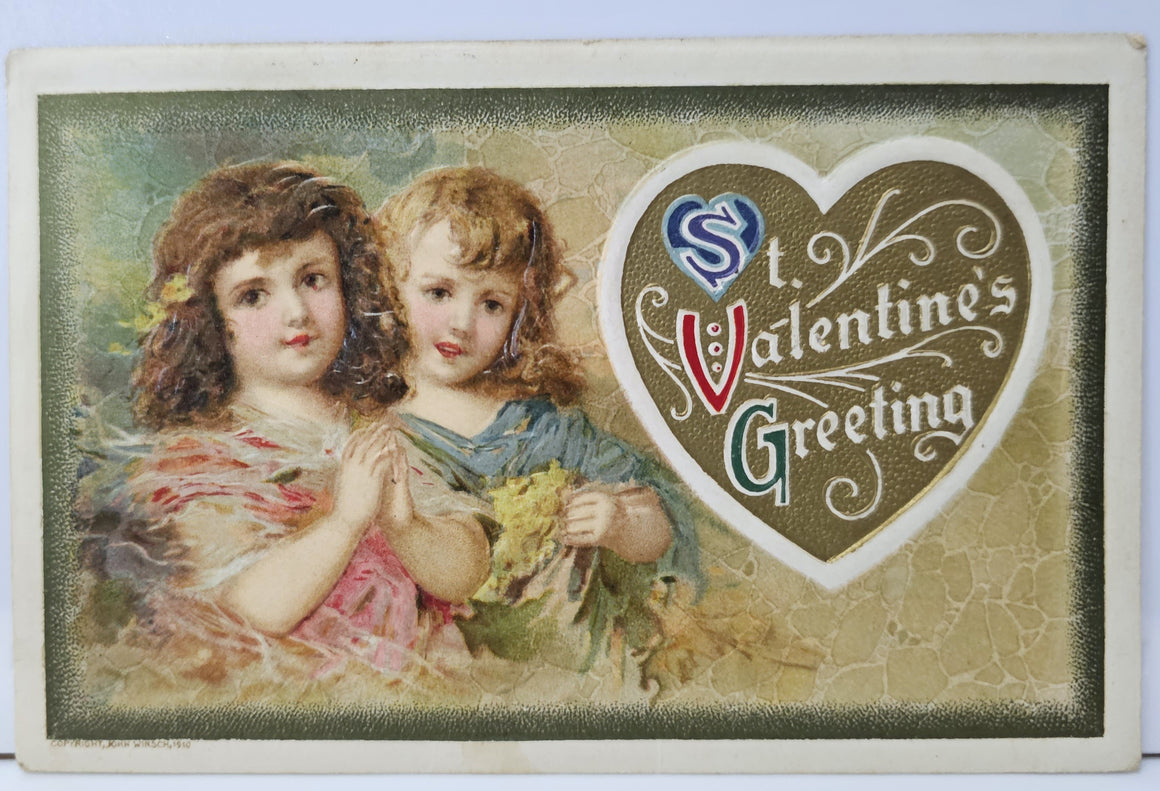 Valentine Postcard Two Little Girls with Flowers Gold Heart Art Nouveau Artist Schmucker Published by John Winsch