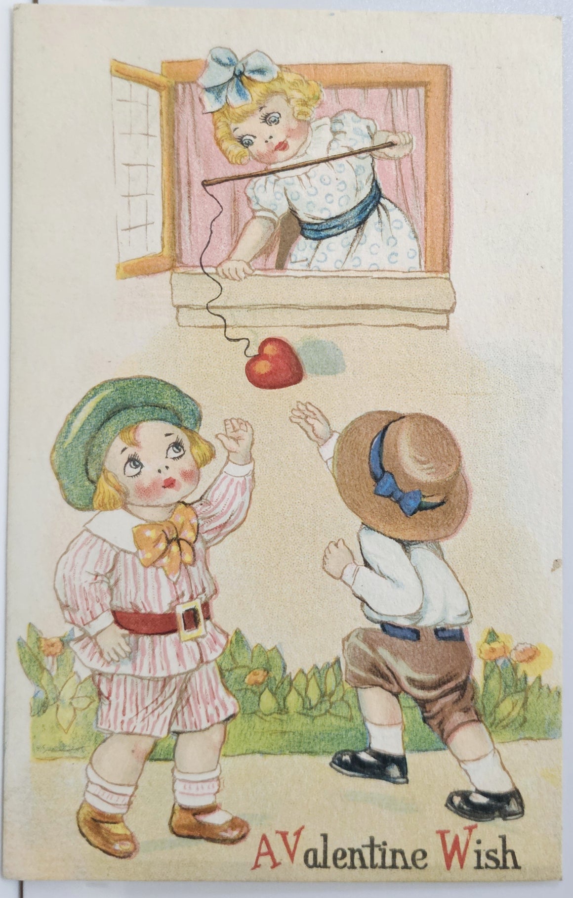 Valentine Postcard Series 757 Little Girl Dangling Heart on Fishing Line Out Window Two Boys Beneath