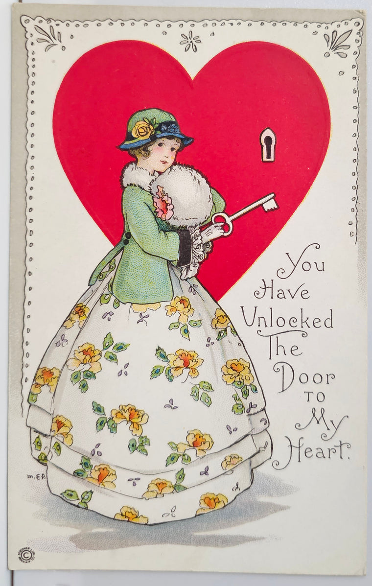 Valentine Postcard Series 516 F Woman Dressed in Flower Gown Opening Heart with Key