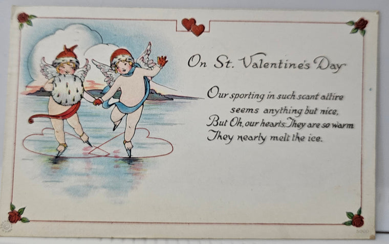 Valentine Postcard Cupids Ice Skating With Red Hearts Series 5000
