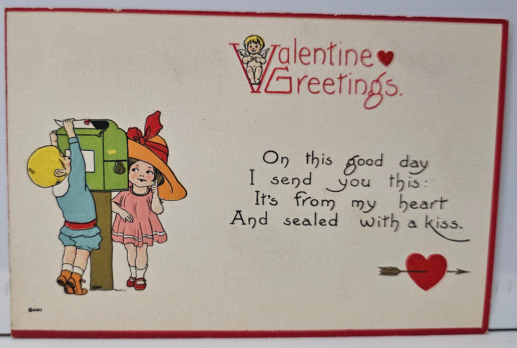 Valentine Postcard Little Girl and Boy Mailing Letter Heart Border Bergmann Publishing