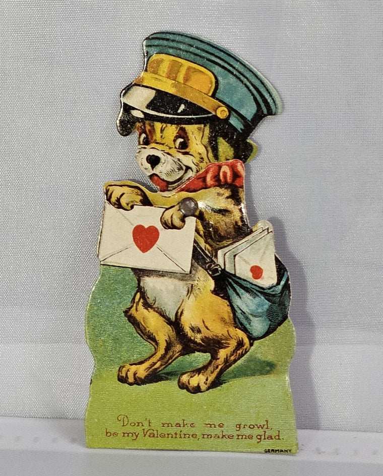 Vintage Mechanical Die Cut Valentine Card Anthropomorphic Dog as Mailman Mean Face Happy Face Made in Germany