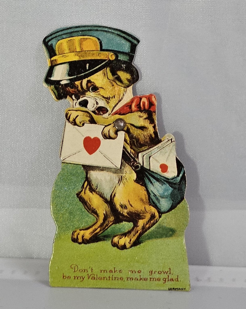 Vintage Mechanical Die Cut Valentine Card Anthropomorphic Dog as Mailman Mean Face Happy Face Made in Germany