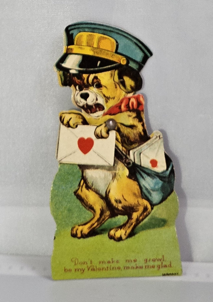 Vintage Mechanical Die Cut Valentine Card Anthropomorphic Dog as Mailman Mean Face Happy Face Made in Germany