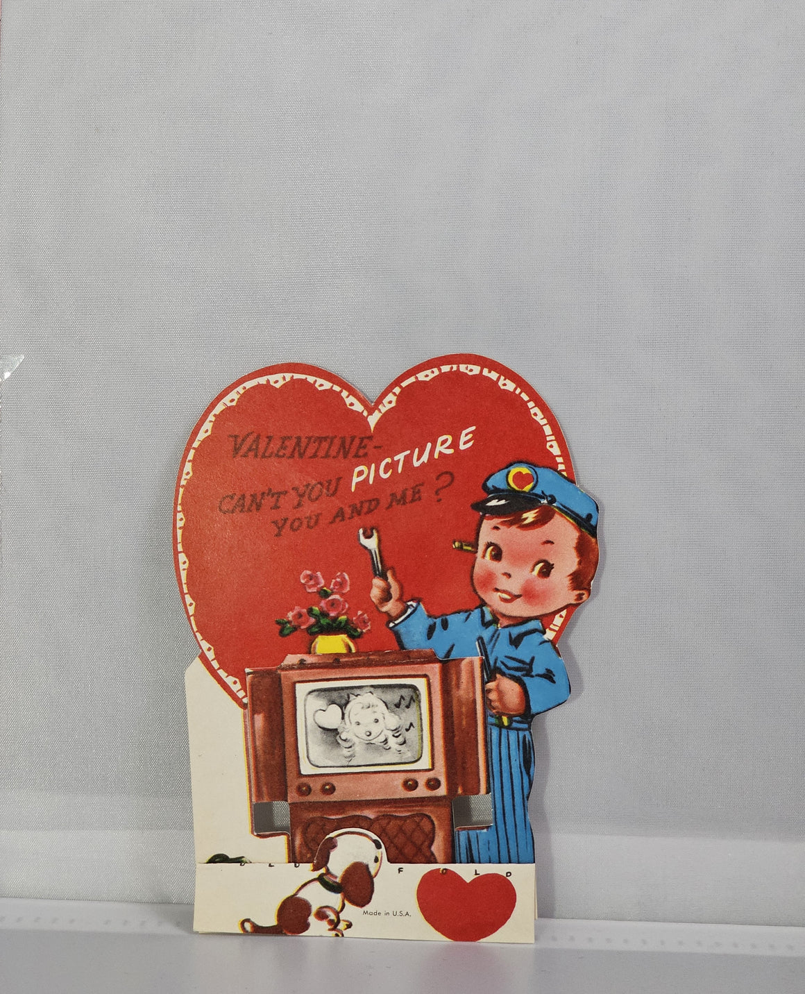 Vintage Die Cut Valentine Card Little Boy Repair Man Fixing TV As Puppy Watches