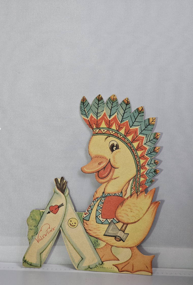 Vintage Die Cut Valentine Card Yellow Duck Wearing Native American Indian Feather Hat with Little Teepee