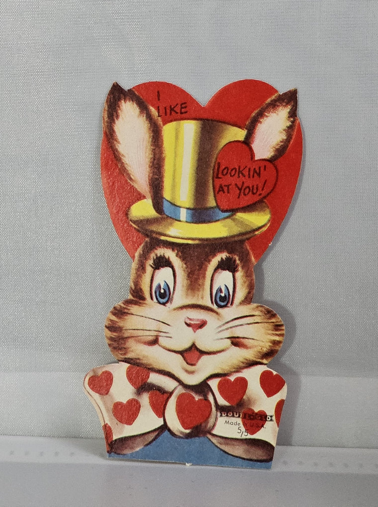 Vintage Die Cut Valentine Card Bunny Rabbit in Top Hat