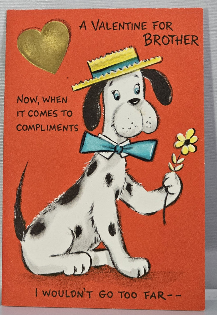 Vintage Valentine Card 1940s/50s Comical Card Dog In Hat Holding Flower Valentines for My Brother Hallmark Publishing