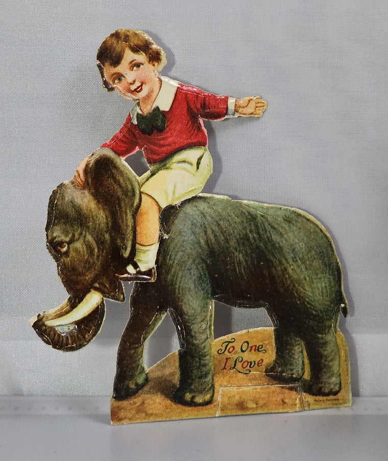 Vintage Mechanical Die Cut Valentine Card Little Boy Riding Elephant Made in Germany