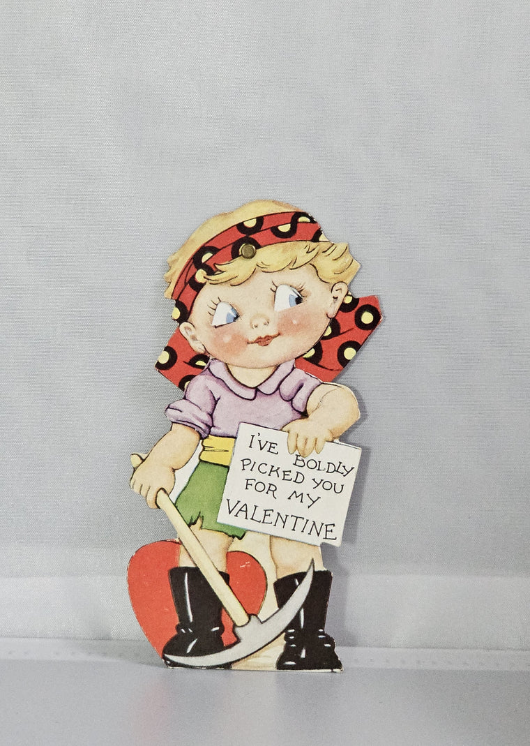 Vintage Mechanical Die Cut Valentine Card  1930 Little Girl with Moving Head/Eyes Holding Pick Axe