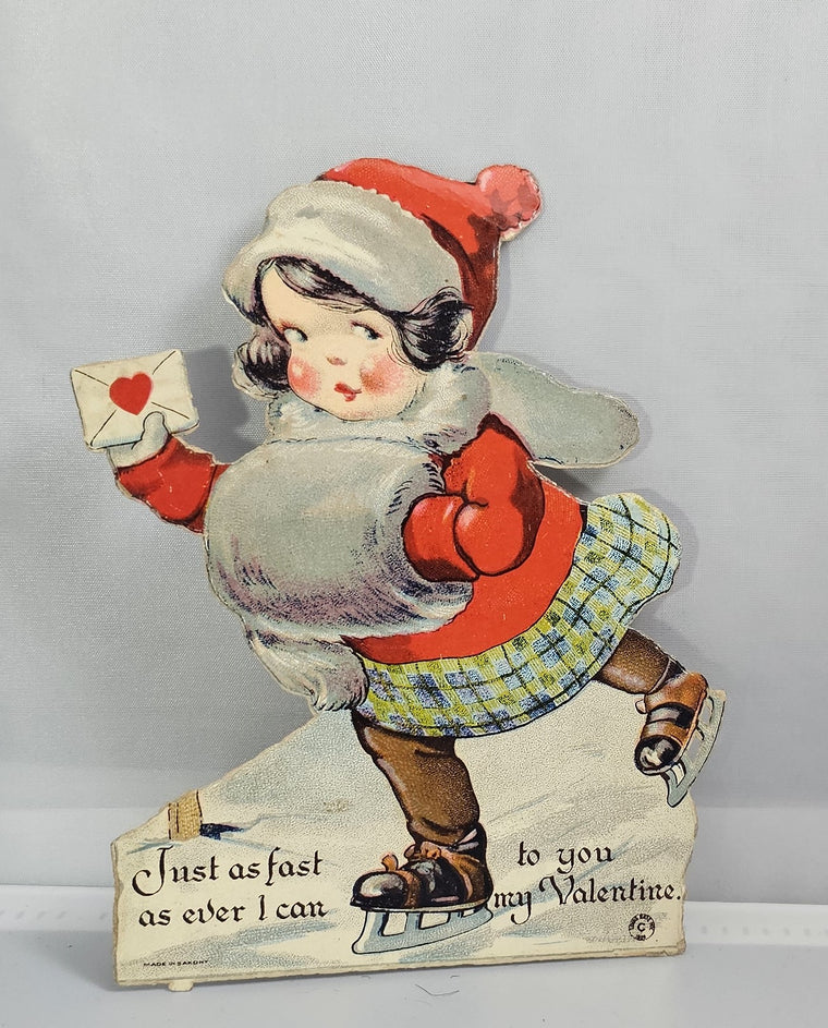 Vintage Die Cut Valentine Girl in Winter Dress Skating in Snow Charles Twelvetrees