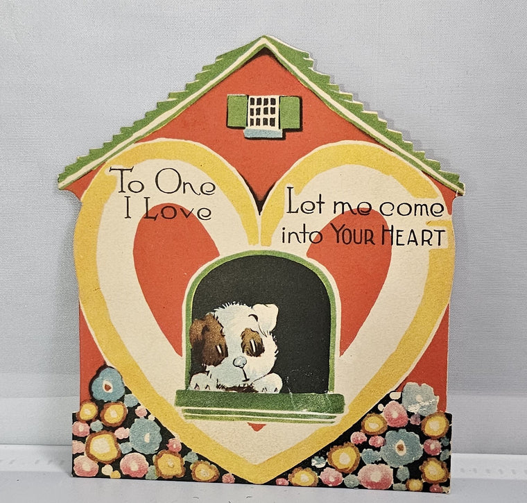 Vintage Die Cut Valentine Little Puppy Dog in Window of House To the One I Love Let Me Come Into Your Heart