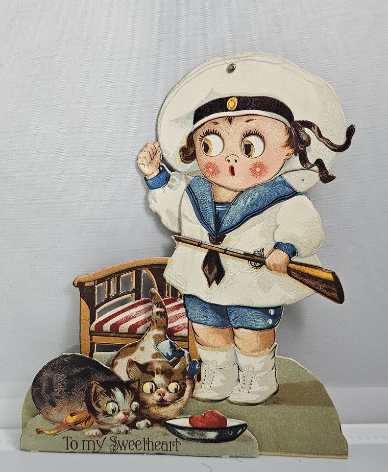 Vintage Die Cut Valentine Card Little Boy in Sailor Suit Holding BB Gun with Two Cats Finding Heart in Food Dish Artist Chloe Preston Googly Eyes Germany