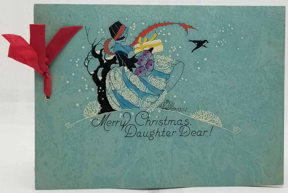 Antique Arts Deco Period Christmas Card with Poem Greetings and Woman in Snow Davis Pub