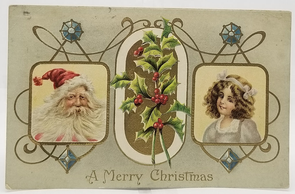 Santa Claus Postcard Christmas Series 576 A.S. Meeker Kris Kringle with Little Girl in Portrait Style Hanging Holly