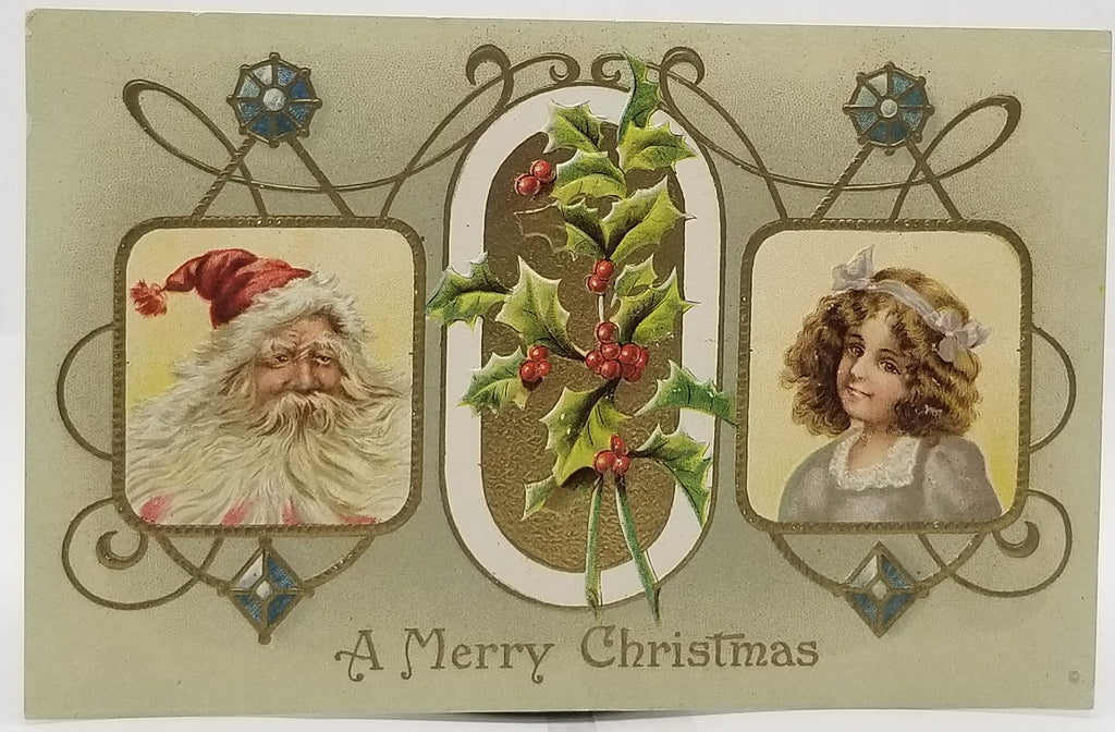 Santa Claus Postcard Christmas Series 576 A.S. Meeker Kris Kringle with Little Girl in Portrait Style Hanging Holly  Condition: VG corner wear creasing