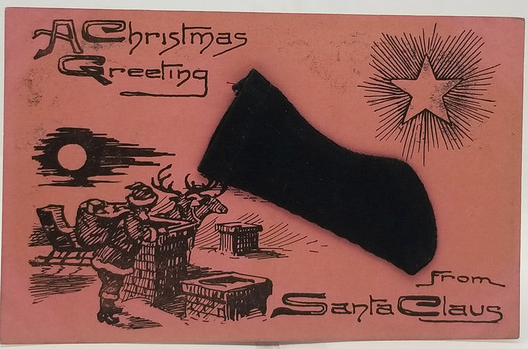 Christmas Postcard Santa Claus with Reindeer Going Down Chimney Applied Cloth Stocking on Pink/Red Cardstock 1910s