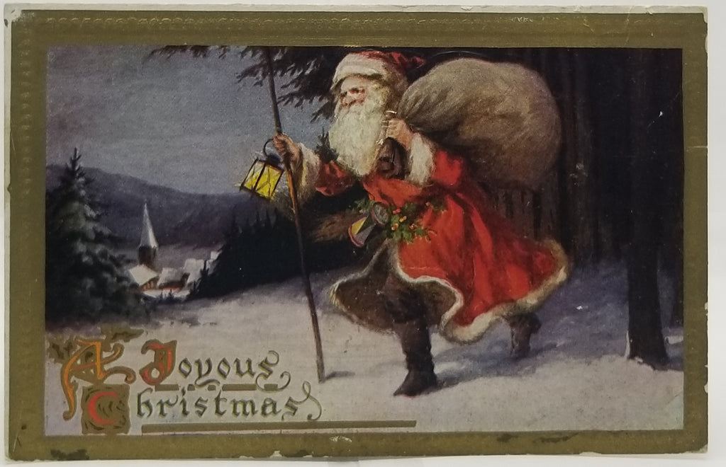 Christmas Postcard Santa Claus with Lantern Walking in Forest Advertising Card for Calumet Baking Powder C.M. Dodge Michigan