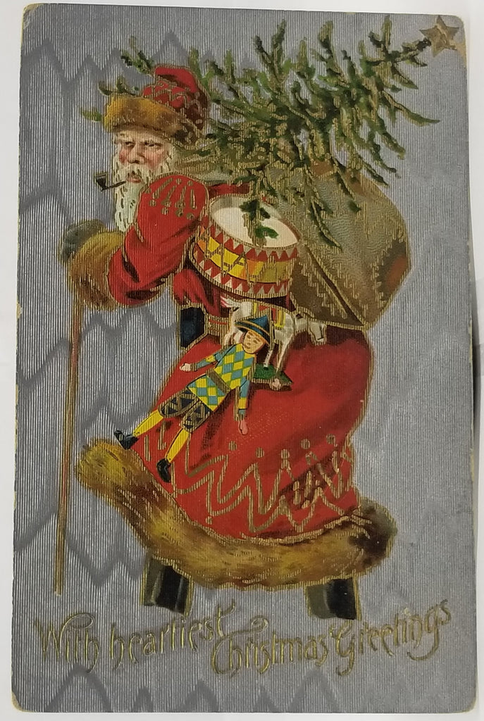 Christmas Postcard Old World Red Robed Santa Claus Smoking Pipe Carrying Tree and Toys Silver Background