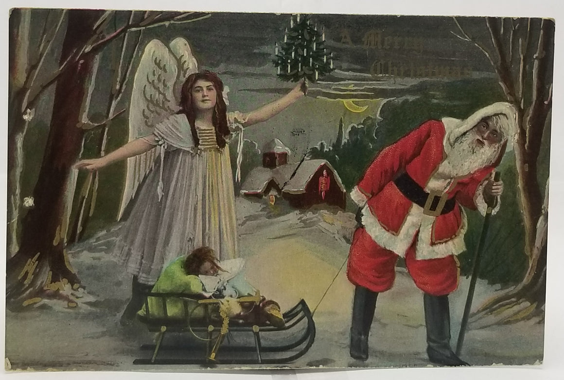 Christmas Postcard Red Robed Santa Claus with Angel In Snow Landscape Pulling a Toy Filled Sled RPPC Hand Colored Style