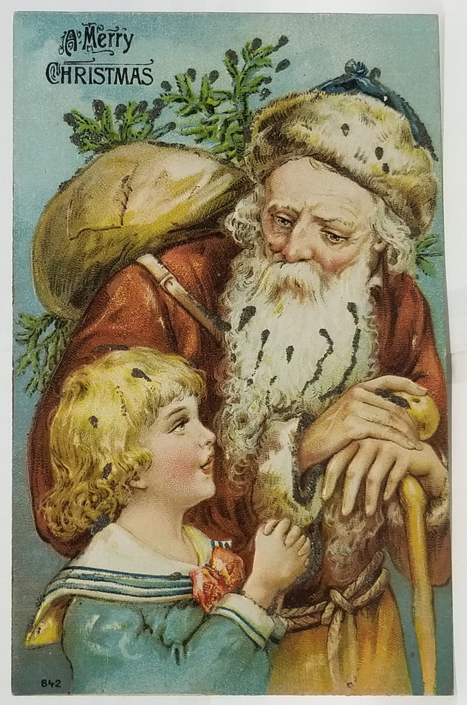 Christmas Postcard  Old World Santa Claus with Small Boy in Sailor Suit Otto Schloss No 842 Applied Glitter