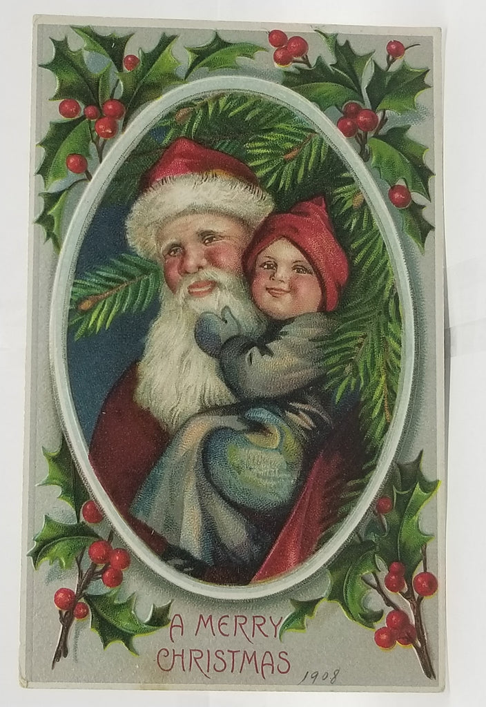 Christmas Postcard Santa Claus Holding Small Child in Arms Portrait Style Holly Border