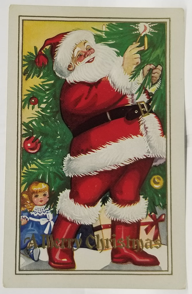 Christmas Postcard Santa Claus Lighting Candle on Tree with Dolly at Feet