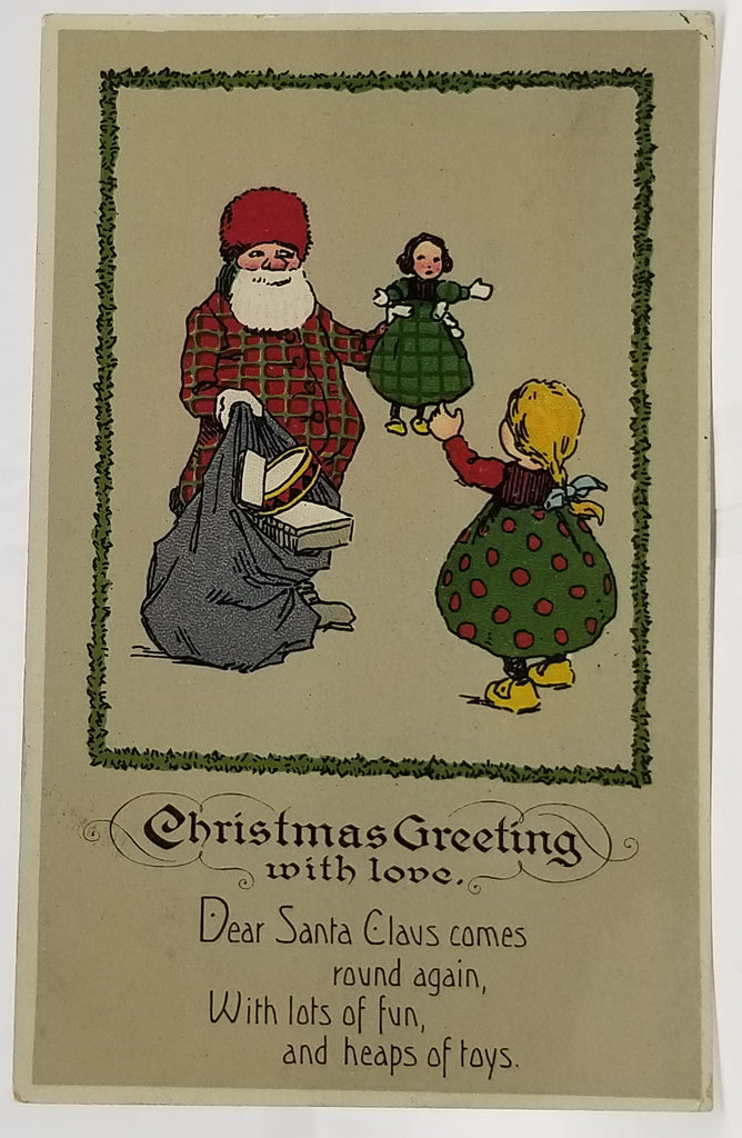 Santa Claus Postcard Christmas St. Nick in Plaid Pajama Suit Giving Doll to Little Girl Made in Germany Arts Craft Period