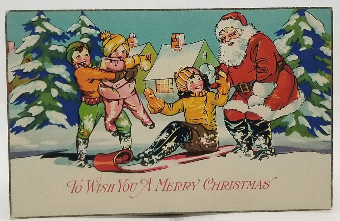 Christmas Postcard Santa Claus with Children Sledding in Snow Series 1758