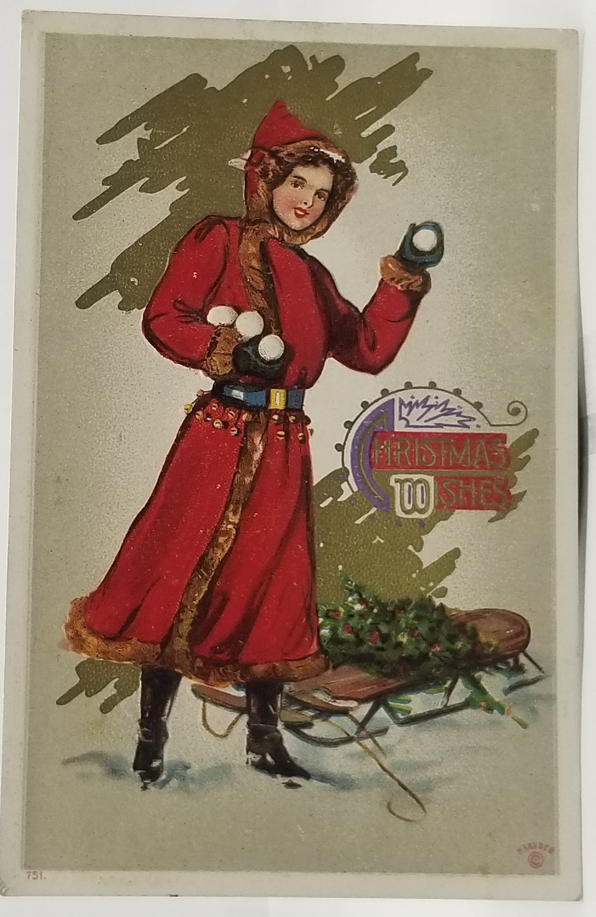 Christmas Postcard Mrs. Claus Santa Card Woman in Red Robe Holding Snowballs Pulling Sled