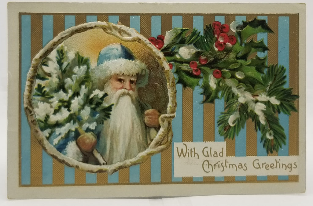 Christmas Postcard Old World German St Nick Santa Claus in Blue Robe Teal & Gold Stripe Background