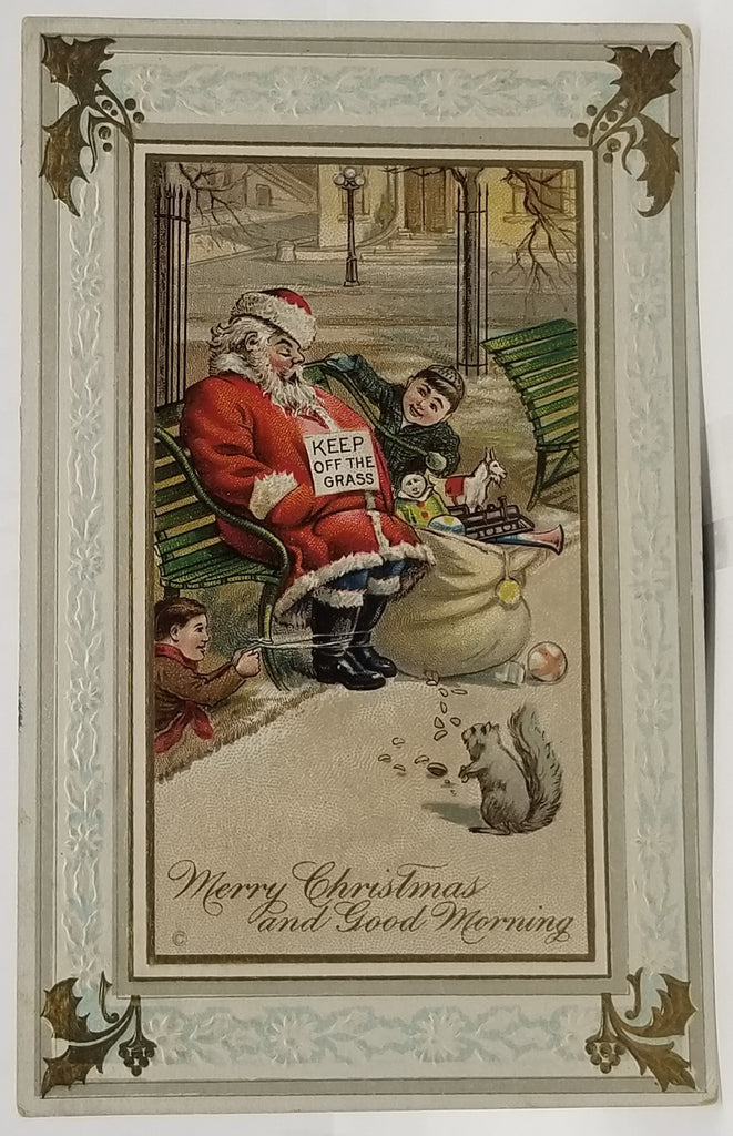 Christmas Postcard Santa Claus Sleeping on Bench with Boy & Squirrel JJ Marks Pub Series 567