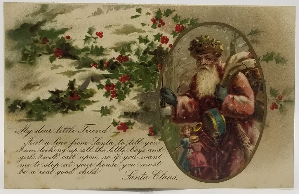 Christmas Postcard Santa Claus in Pink Robe with Dear Friend Poem and Snowy Landscape Early Undivided