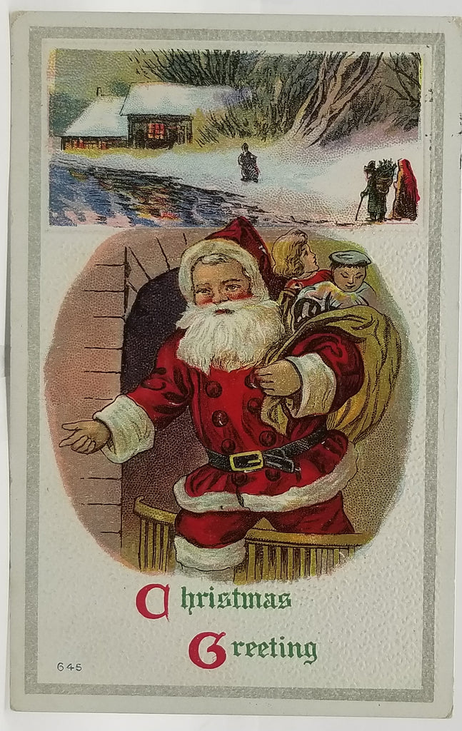 Christmas Postcard Santa Claus Carrying Bag of Toys Asian Dolls in Snow Background Series 645