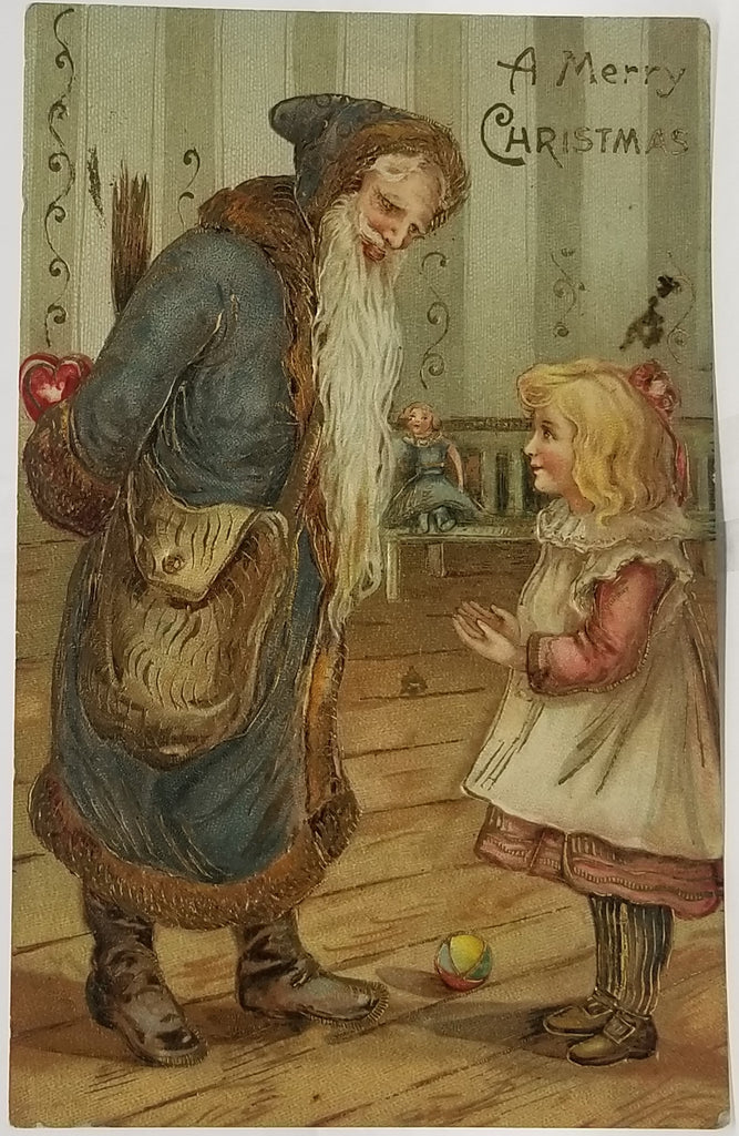 Christmas Postcard Old World Santa Claus St Nick Blue Robe Gift Hiding Behind Back with Little Girl Holding Out Hands Gold Embossed Germany