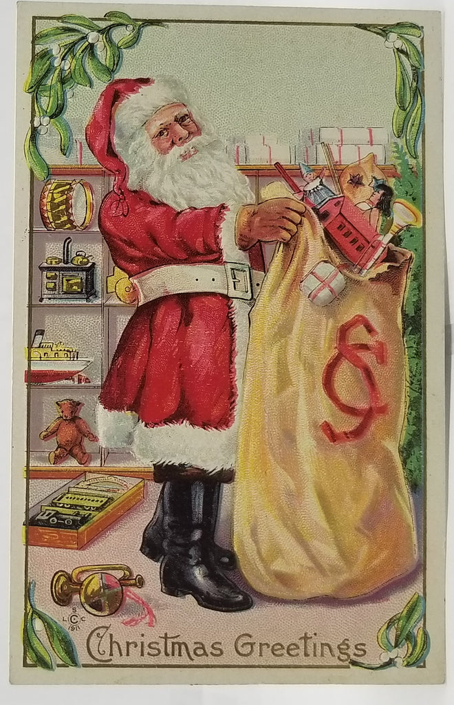 Christmas Postcard Santa Claus Holding Giant Toy Bag Series 227A Embossed St Nick