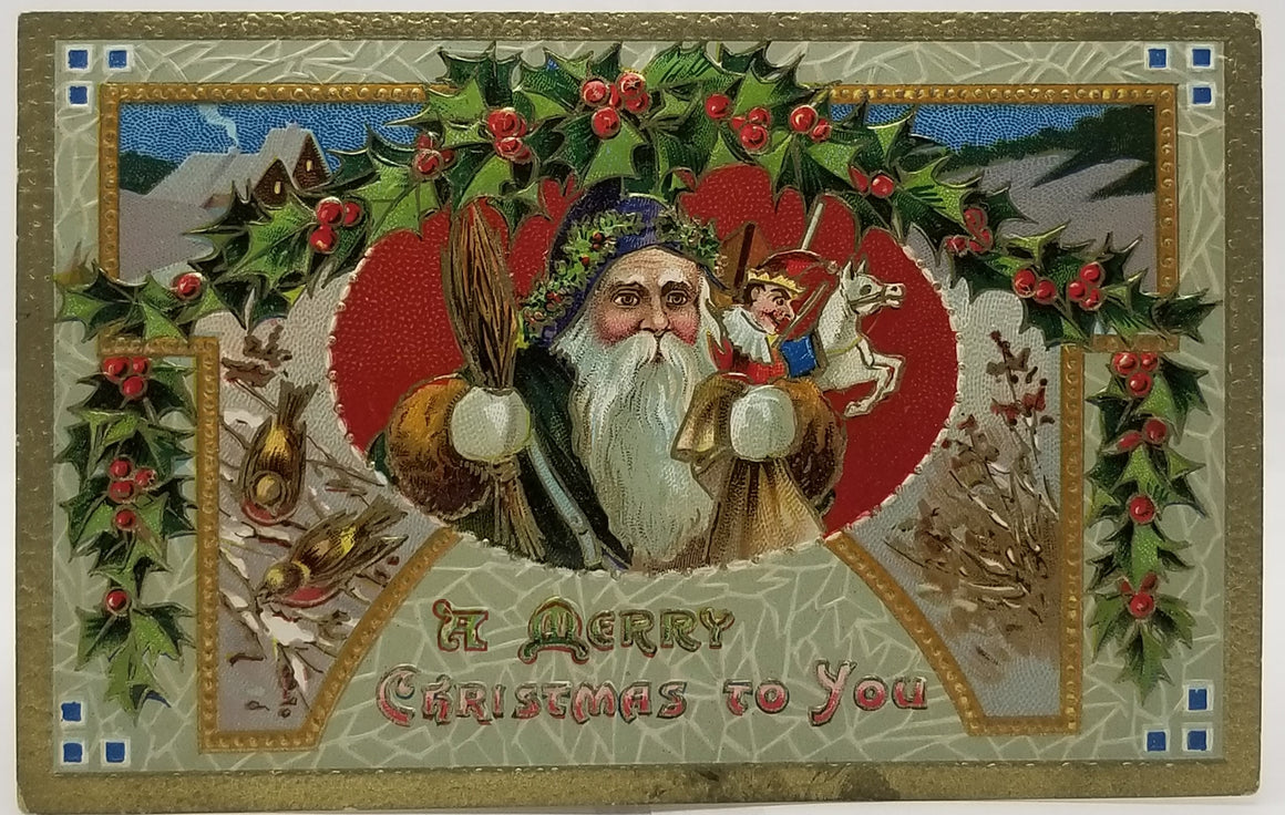 Christmas Postcard Santa Claus in Green Fur Trimmed Robe Holding Toys Art Nouveau Border Gold with Gel Finish