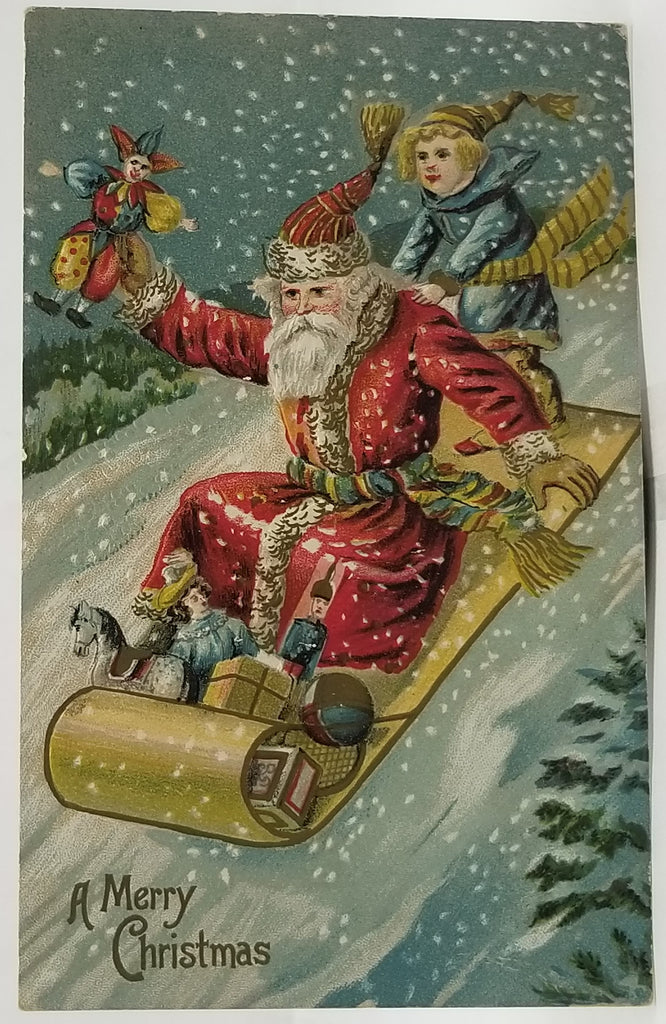 Christmas Postcard Santa Claus German Belsnickle St Nick Sledding in Snow with Child Textured Gold Embossed