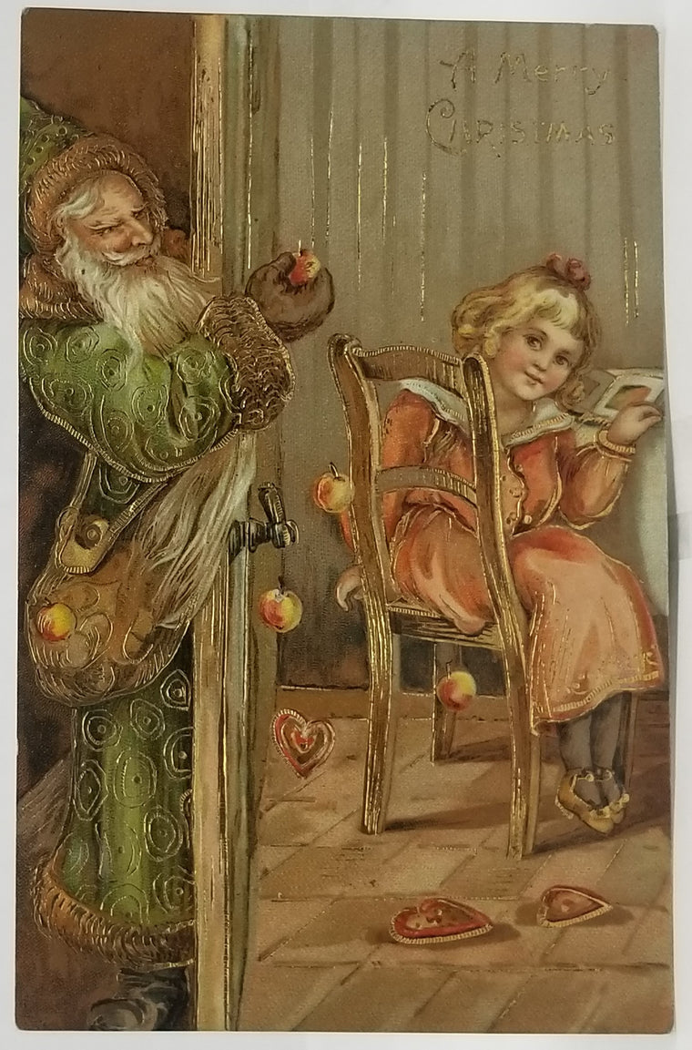 Christmas Postcard Old World Santa Claus in Green Robe German St Nick with Heart Shaped Candy For Little Girl Gold Embossed