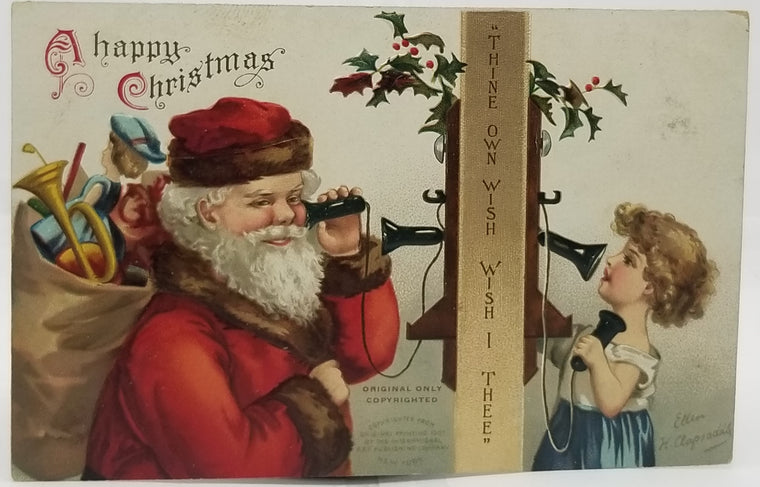 Christmas Postcard Santa Claus Artist Ellen Clapsaddle Holding Bag of Toys Talking to Child Old Time Phone